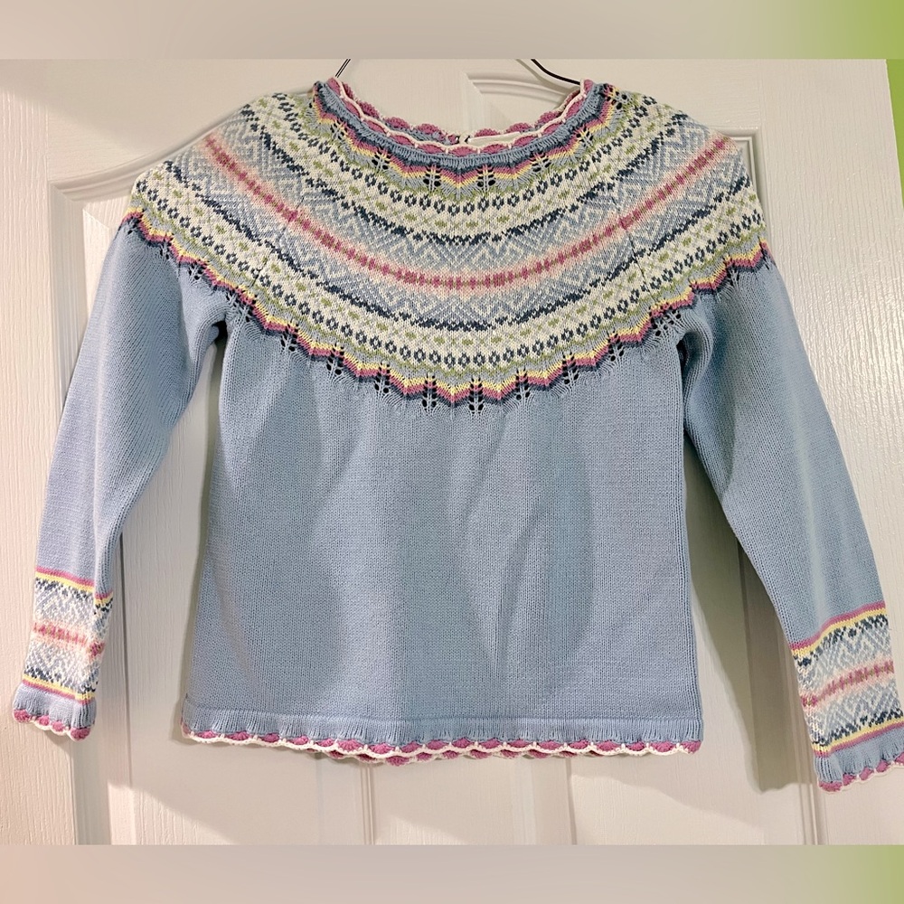 Girl’s Hanna Andersson Vintage Sweater Light Blue w/multi 100% Cotton Size 130